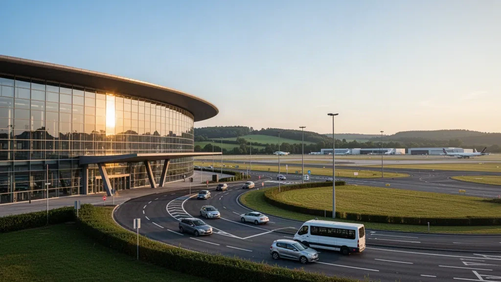 Belçika'daki Liège Havalimanı'nda altın saatte modern cam terminal ve kargo apronu, arka planda erişim yolları ve Walloon tepeleri