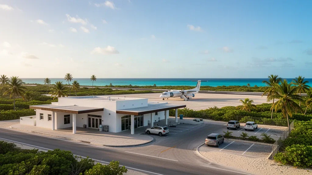 Kleines Inselterminal und Vorfeld am Flughafen Deadman's Cay auf Long Island, Bahamas, mit einem Turboprop-Flugzeug bei hellem karibischem Licht