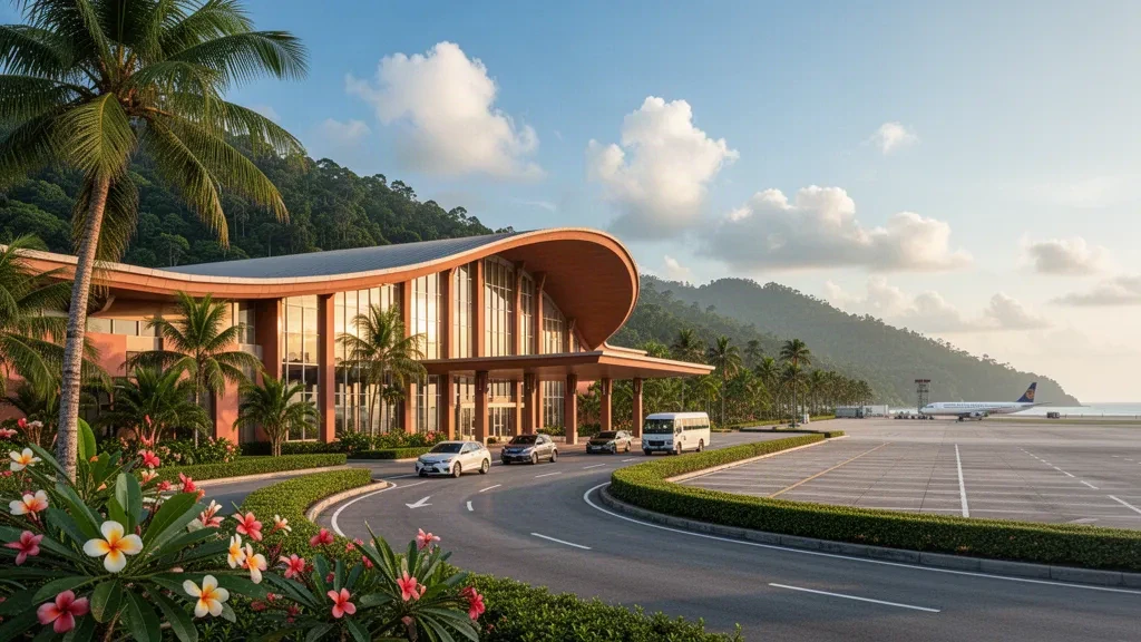 Terminal mit geschwungenem Dach und palmengesäumte Vorfahrtspur am Langkawi International Airport in Malaysia bei warmem tropischem Nachmittagslicht
