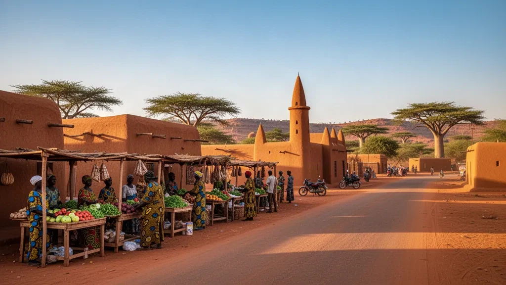 Marché de rue à Manga, capitale du Zoundwéogo, Burkina Faso, avec une architecture traditionnelle en briques de terre et des baobabs sous une lumière chaude.