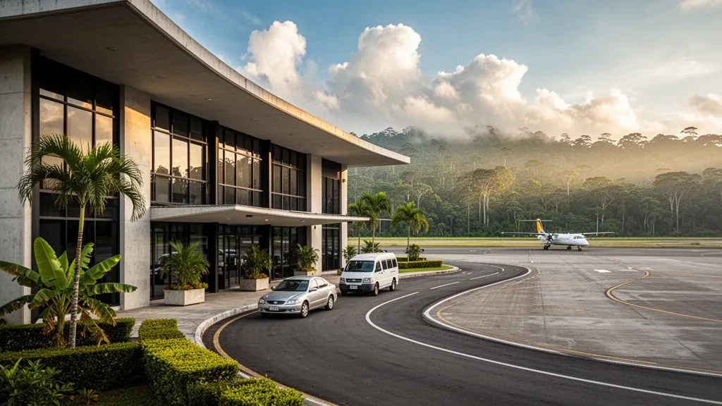 Terminal de vidrio de baja altura y vegetación de selva tropical en el Aeropuerto de Nueva Loja, en la Amazonía ecuatoriana, bajo una cálida luz vespertina