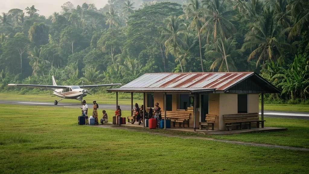 Kleines tropisches Terminal und Graslandebahn am Flughafen Linga Linga in Papua-Neuguinea, umgeben von üppigem Regenwald.