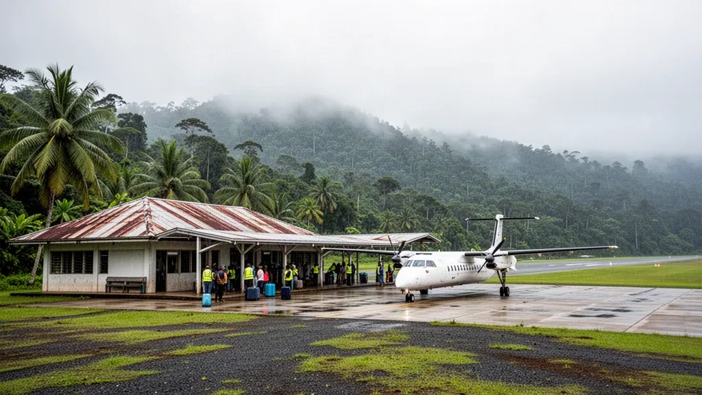 Pequeña terminal de pista tropical y avión turbohélice en el aeropuerto de Linga Linga, en Papúa Nueva Guinea, rodeados de selva tropical y palmeras