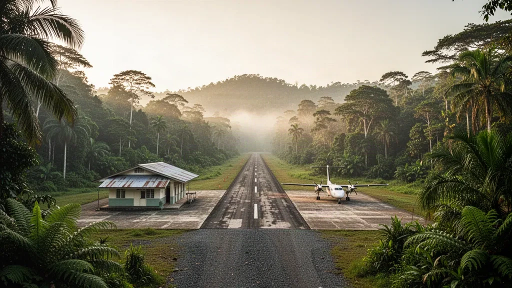 Pista de aterrizaje remota en la selva tropical del aeropuerto de Long Lellang, en Sarawak, Malasia, con una pequeña aeronave turbohélice junto a la pista de la jungla