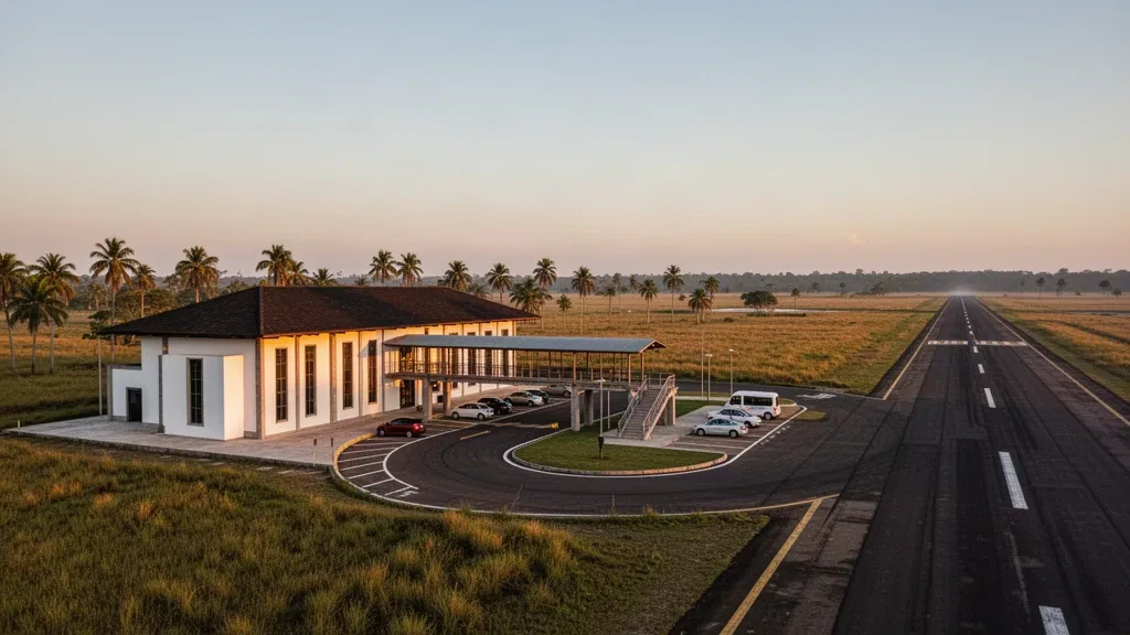 Low-rise terminal, drop-off lane and runway at Las Gaviotas Airport in Colombia's eastern plains at golden hour