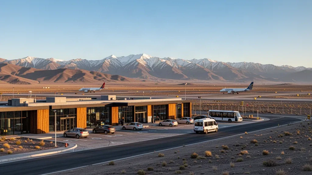 Modernes Terminalgebäude am Flughafen Comodoro D.R. Salomón in Malargüe, Argentinien, mit Anden im Hintergrund und Bringspur zur goldenen Stunde.