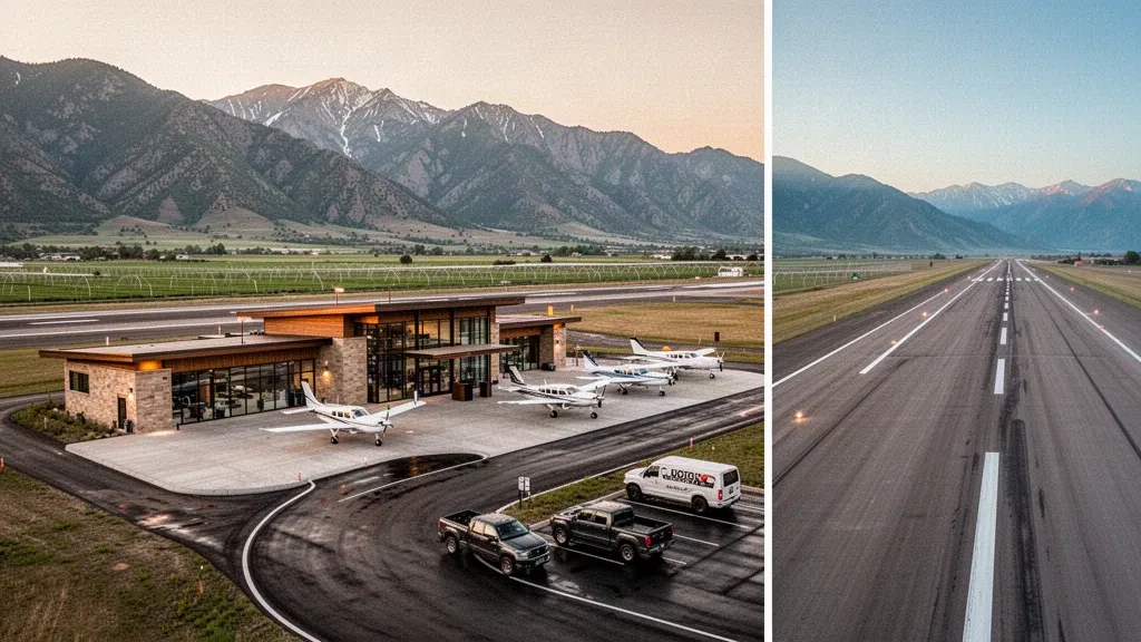 Terminal und Vorfeld des Logan-Cache Airport im Cache Valley in Utah, dahinter die Wellsville Mountains zur goldenen Stunde