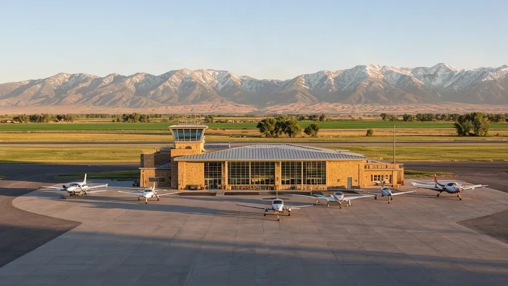 Kleines regionales Terminal und Vorfeld der allgemeinen Luftfahrt am Logan-Cache Airport in Utah, dahinter schneebedeckte Berge