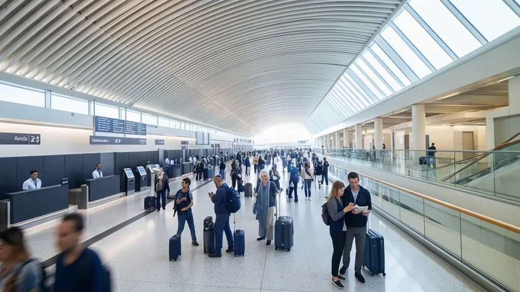 Viajeros con equipaje en la luminosa sala de salidas del aeropuerto de Londres Gatwick, con mostradores de facturación y un techo acristalado curvo