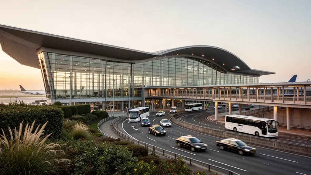 Londra Gatwick Havaalanı'nda yolcu indirme şeritleri, taksiler ve sıcak altın saat ışığıyla modern cam terminal binasının dış görünümü