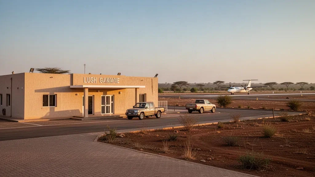 Aeroporto di Lugh Ganane in Somalia con il suo piccolo terminal color sabbia, la corsia di sosta e il bordo della pista asciutta nella luce dell'ora d'oro