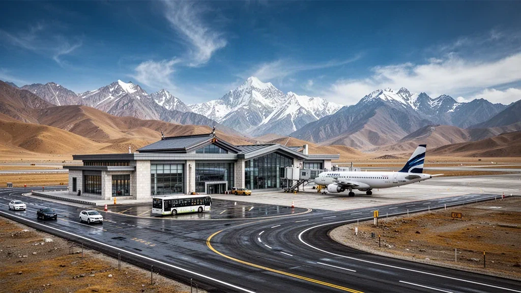 Terminal moderne en verre et avion de ligne stationné à l'aéroport de Shannan Longzi, sur le plateau tibétain, encadrés par les sommets enneigés de l'Himalaya au loin.