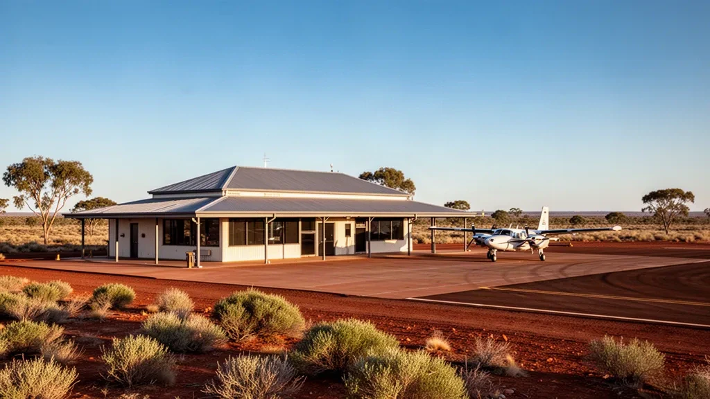 Terminal de l'aéroport de Lightning Ridge avec un tarmac ensoleillé et un petit avion dans l'outback du Nouvelle-Galles du Sud, en Australie