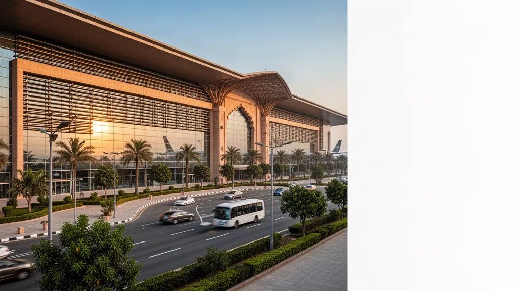 Lahore'daki Allama Iqbal Uluslararası Havalimanı'nda altın saatlerde modern cam terminal ve terminal önü erişim yolunun görünümü