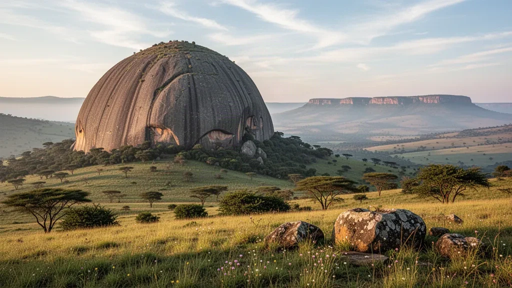 Dôme de granite du rocher de Sibebe s'élevant au-dessus des collines verdoyantes des hautes terres en Eswatini sous la lumière chaude de fin d'après-midi