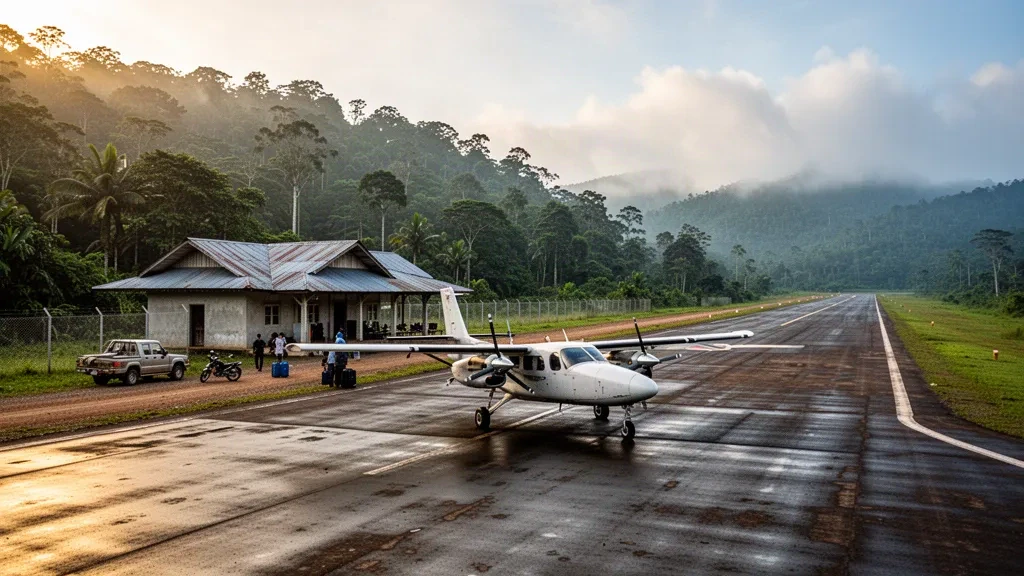 Piccolo aereo a elica e semplice capannone terminal presso la pista dell'Aeroporto di Lereh, circondato dalle colline nebbiose della foresta pluviale papuana