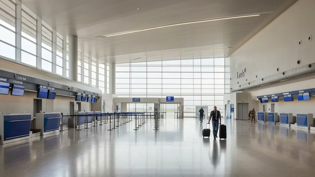Interior of Lachin International Airport terminal showing a modern departure hall with check-in counters and natural light.