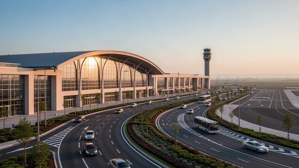 Laohekou, Hubei'deki Guanghua Havalimanı'nda sıcak altın saat ışığıyla aydınlanan modern cam terminal binası ve kıvrılan erişim yolu