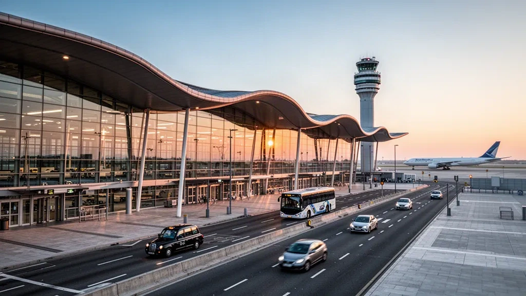Modern glass terminal exterior at London Heathrow Airport at golden hour, with drop-off lanes, vehicles and aircraft on the apron