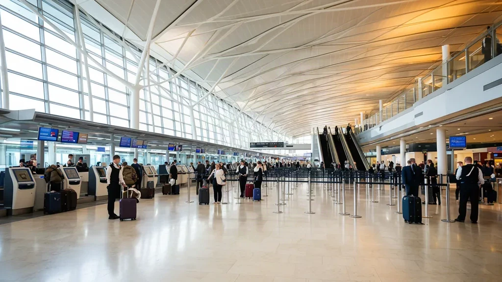 Travellers with suitcases crossing the bright departure hall of London Heathrow Airport Terminal 5