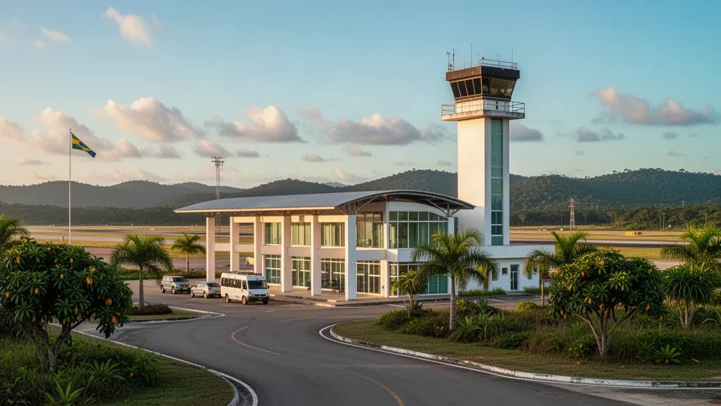 Terminal moderno e torre di controllo dell'Aeroporto Municipale di Linhares in Espírito Santo, Brasile, immersi nella vegetazione tropicale con la calda luce del tardo pomeriggio