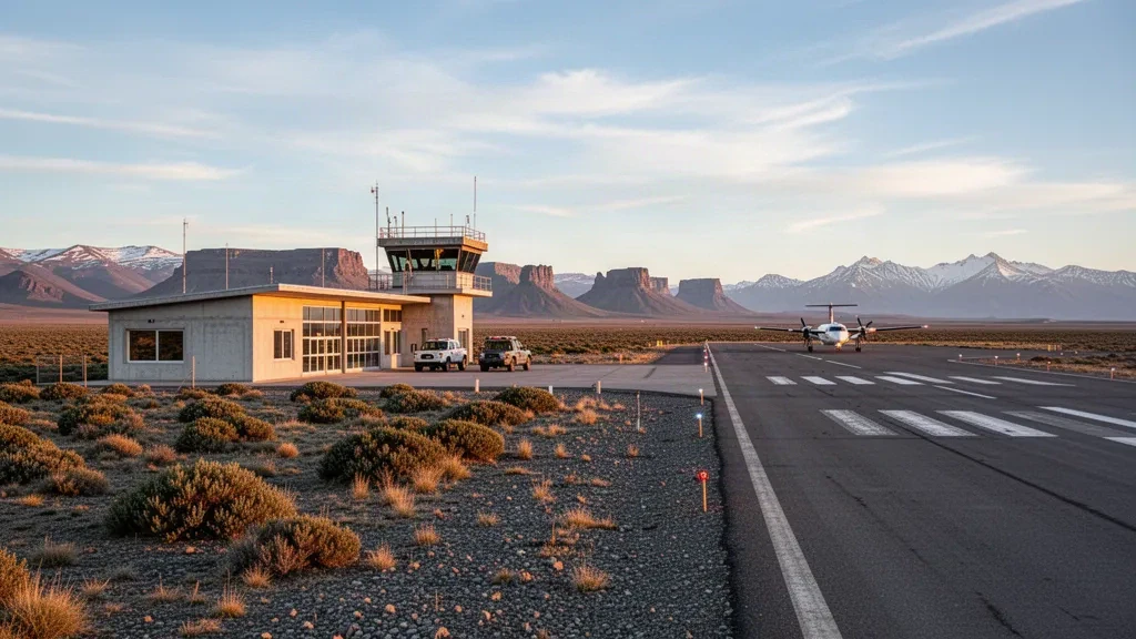 Pequeña terminal de aeropuerto regional y pista tranquila en Las Heras, Patagonia, rodeada de un paisaje de estepa abierta a la hora dorada