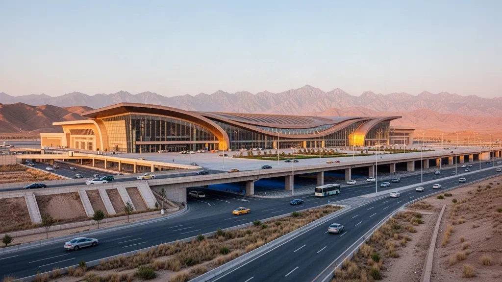 Modern glass terminal and drop-off lanes at Lanzhou Zhongchuan International Airport under warm golden hour light