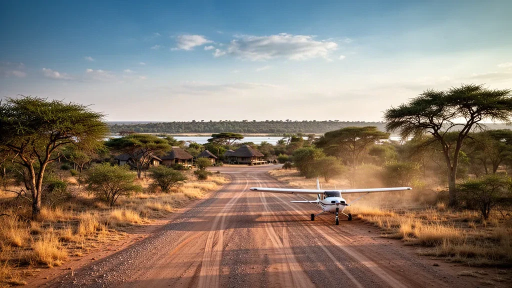 Namibya'nın Zambezi Bölgesi'ndeki Lianshulu Lodge Airstrip'in tozlu çakıl pistinde altın saatlerde hafif uçak