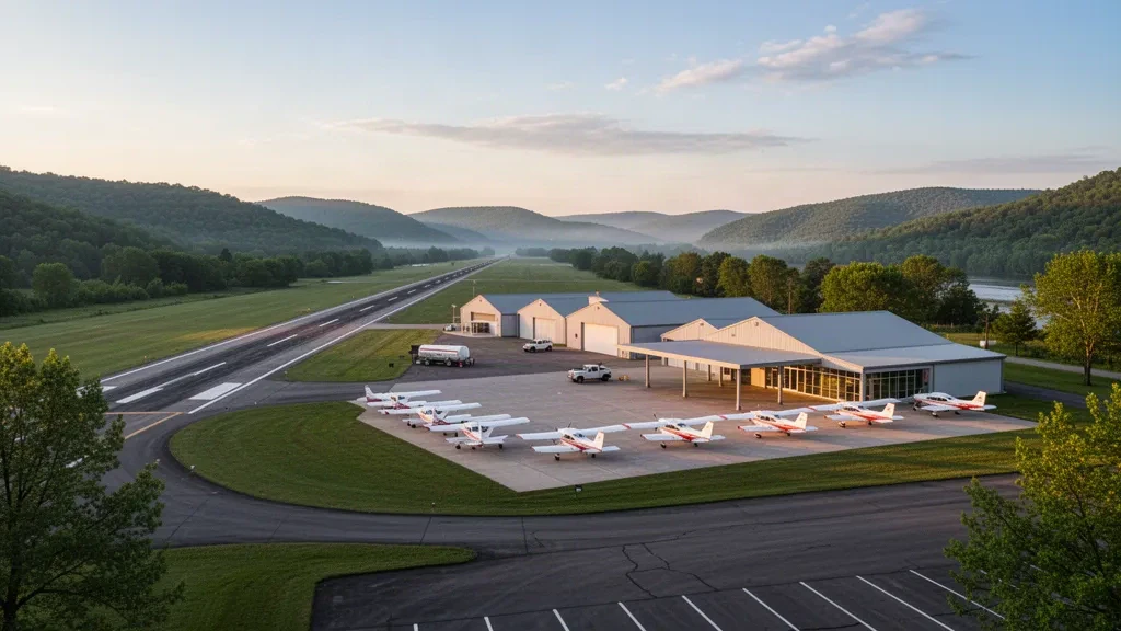 Petit aéronef d'aviation générale et hangars le long de la piste à l'aéroport William T. Piper Memorial à Lock Haven, Pennsylvanie