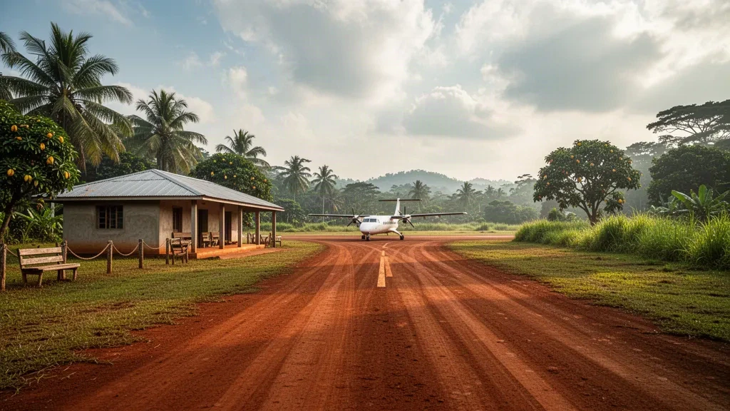 Small tropical airstrip at Libenge Airport in Sud-Ubangi, DR Congo, with a red laterite runway, simple terminal building and lush green vegetation.