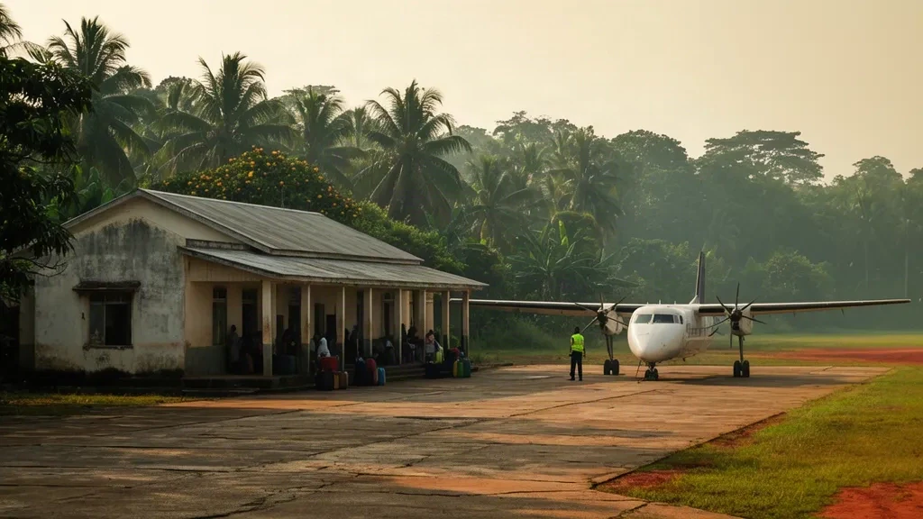 Small provincial terminal building and concrete apron at Libenge Airport (LIE) in the Democratic Republic of the Congo, framed by tropical greenery