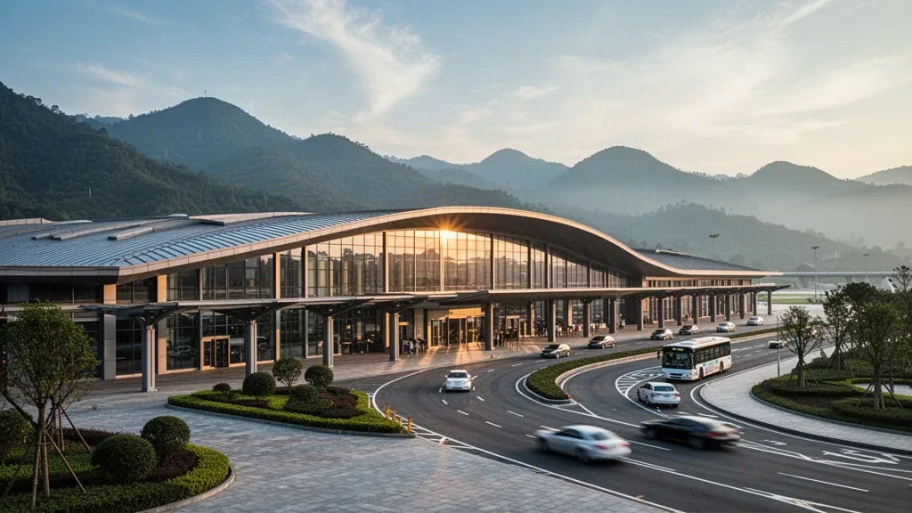 Chongqing'deki Liangping Havalimanı'nda kavisli çatılı modern cam terminal binasının dış görünümü, erişim yolları ve sıcak altın saat ışığı