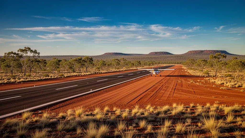 Pista remota dell'outback presso l'aeroporto di Limbunya nel Territorio del Nord, con terra rossa, vegetazione secca della savana e un piccolo aereo sotto un ampio cielo azzurro
