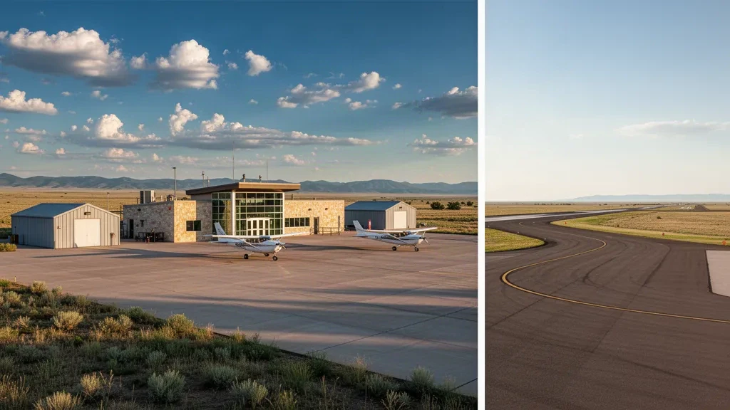 Pequeña terminal de aviación general y plataforma en el Aeropuerto Municipal de Limon, en las altas llanuras de Colorado, bajo un amplio cielo azul