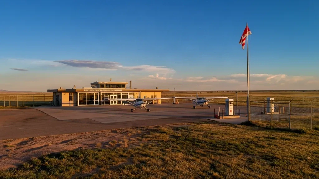 Pequeño edificio terminal en el Aeropuerto Municipal de Limon, en Colorado, con aeronaves de aviación general en la plataforma bajo un amplio cielo de llanura.