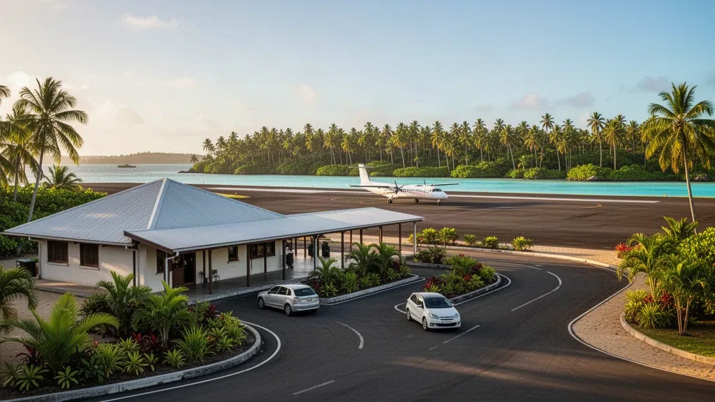 Yeni Kaledonya'nın Lifou Adası'ndaki tropikal ada havaalanı terminali, asfalt bırakma şeridi, palmiye ağaçları ve apronda park etmiş bir turboprop uçak.