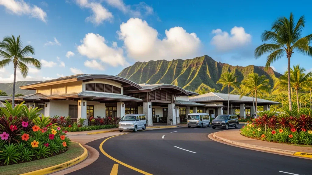 Terminal tropical al aire libre y entrada a la acera bordeada de palmeras en el aeropuerto de Lihue, en Kauai, Hawái, con crestas montañosas verdes bajo un cielo azul brillante.