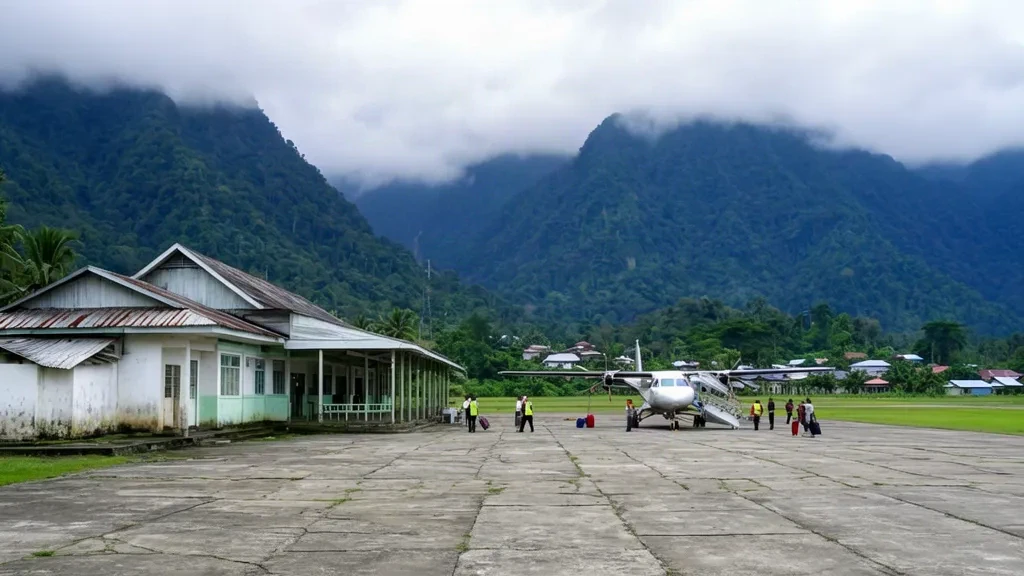 Terminal and tarmac at Mulia Airport LII in the Papuan highlands, with a small propeller aircraft parked under soft overcast tropical light