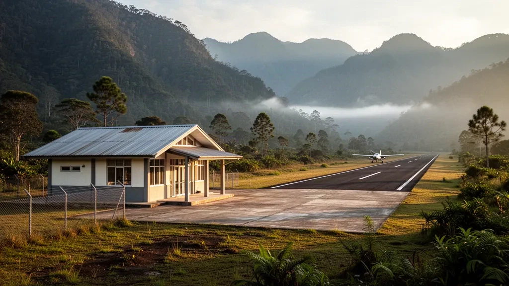 L'aéroport de Mulia dans les hautes terres papoues avec un modeste bâtiment terminal, une piste en asphalte et des crêtes montagneuses brumeuses à l'heure dorée.