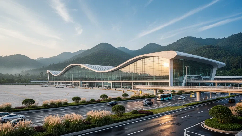 Modern glass terminal and curbside drop-off lanes at Lishui Airport in Zhejiang, China, lit by warm golden-hour sunlight
