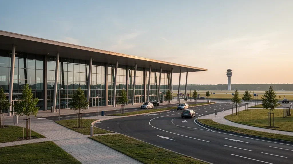 Modern glass terminal and drop-off lanes at Lille Airport in Lesquin, France, under warm golden-hour light