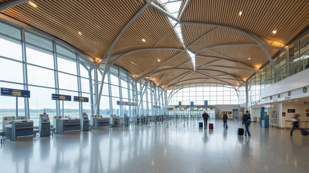 Bright modern terminal interior at Lille Airport LIL with check-in desks, glass walls and travellers in the departure hall