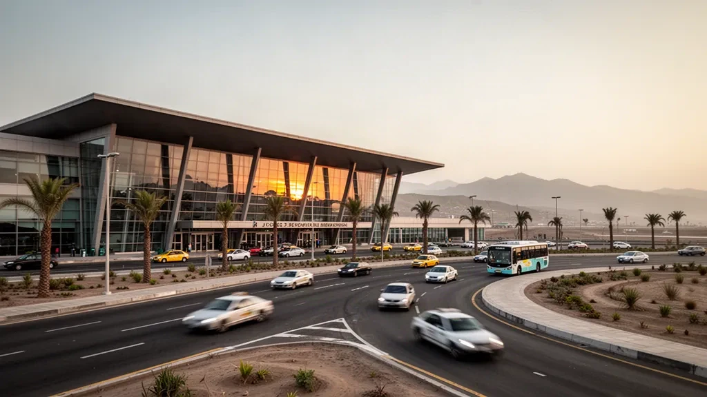 Modern glass terminal and curved drop-off lanes at Jorge Chávez International Airport in Lima during golden hour