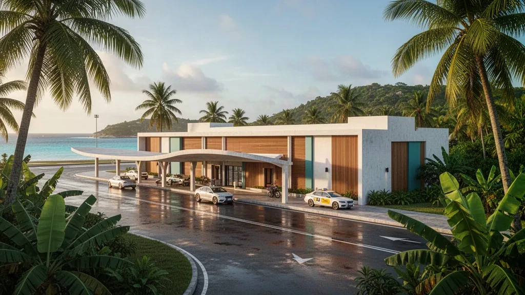 Terminal tropical de baja altura y carril de descenso bordeado de palmeras en el Aeropuerto Internacional de Limón, en la costa caribeña de Costa Rica