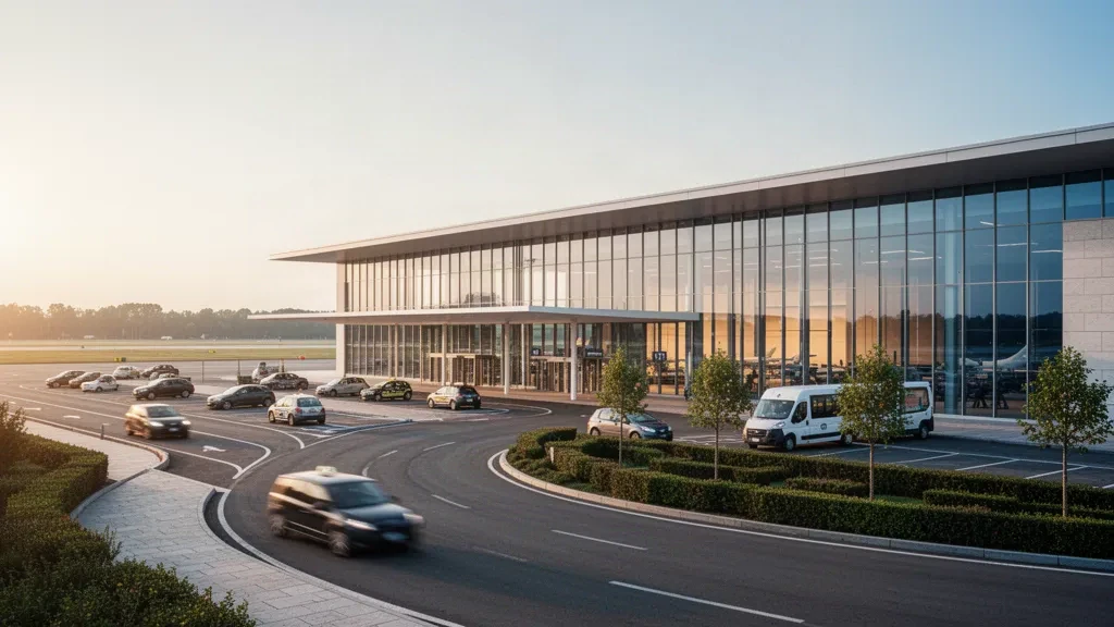 Milano, İtalya'daki Milano Linate Havaalanı'nda sıcak altın saat ışığıyla yıkanan modern cam terminal binası ve yolcu indirme şeritleri