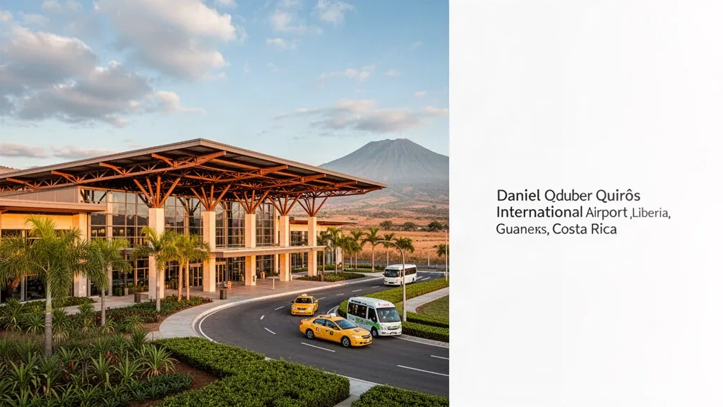 Terminal moderna al aire libre del Aeropuerto Internacional Daniel Oduber Quirós en Liberia, Costa Rica, rodeada de palmeras durante la hora dorada
