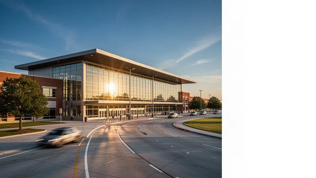 Terminal moderna de cristal y carril de bajada en la acera del Aeropuerto Nacional Bill y Hillary Clinton en Little Rock durante la hora dorada