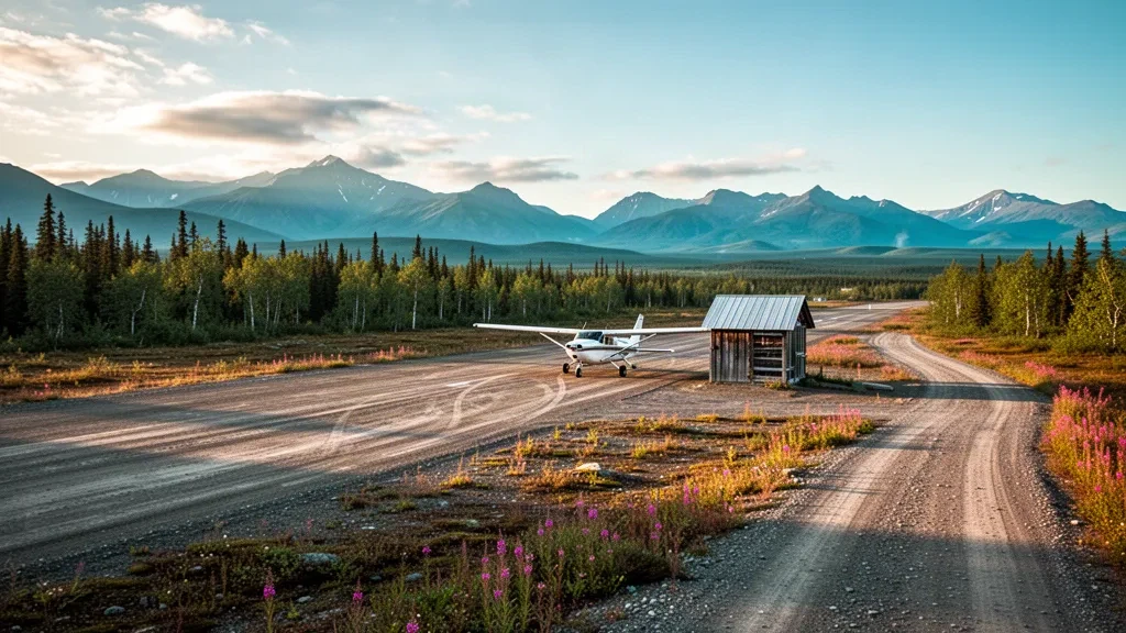 Gravel runway at Livengood Camp Airport in Alaska, edged by boreal forest under warm golden-hour light