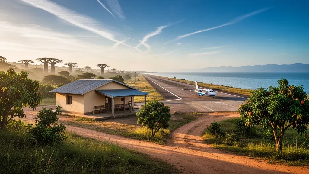 Pista remota y pequeña terminal del aeropuerto de la isla de Likoma, en Malaui, con una avioneta estacionada y el lago Malaui reluciendo al fondo