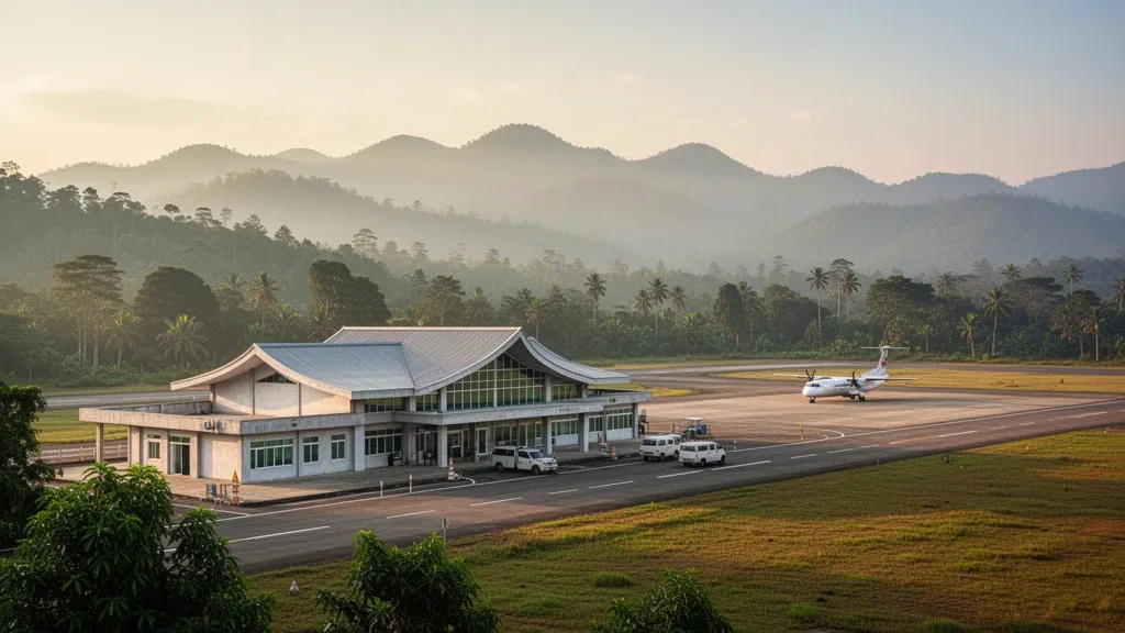 Terminal de l'aéroport de Loikaw et voie de dépose entourés de collines verdoyantes dans l'État de Kayah, au Myanmar, sous une douce lumière matinale.